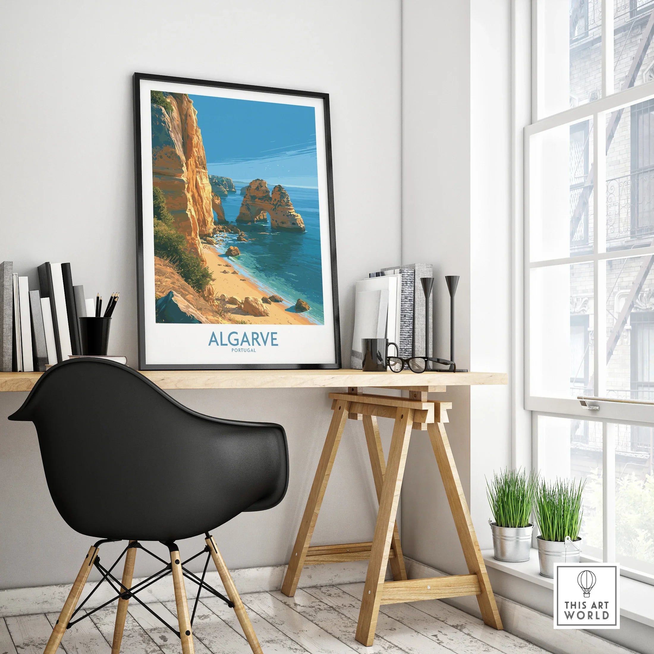Algarve Portugal Beach Wall Art — framed poster black frame on office desk modern