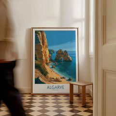 Algarve Portugal Beach Wall Art — framed canvas on floor man walking past