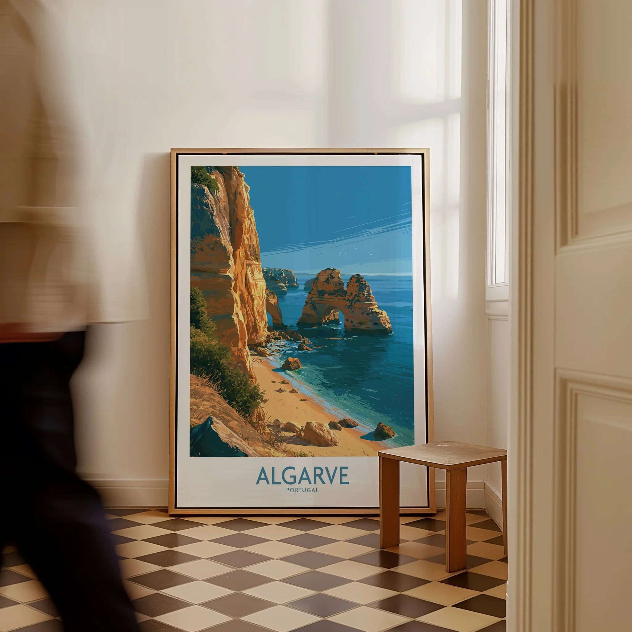 Algarve Portugal Beach Wall Art — framed canvas on floor man walking past