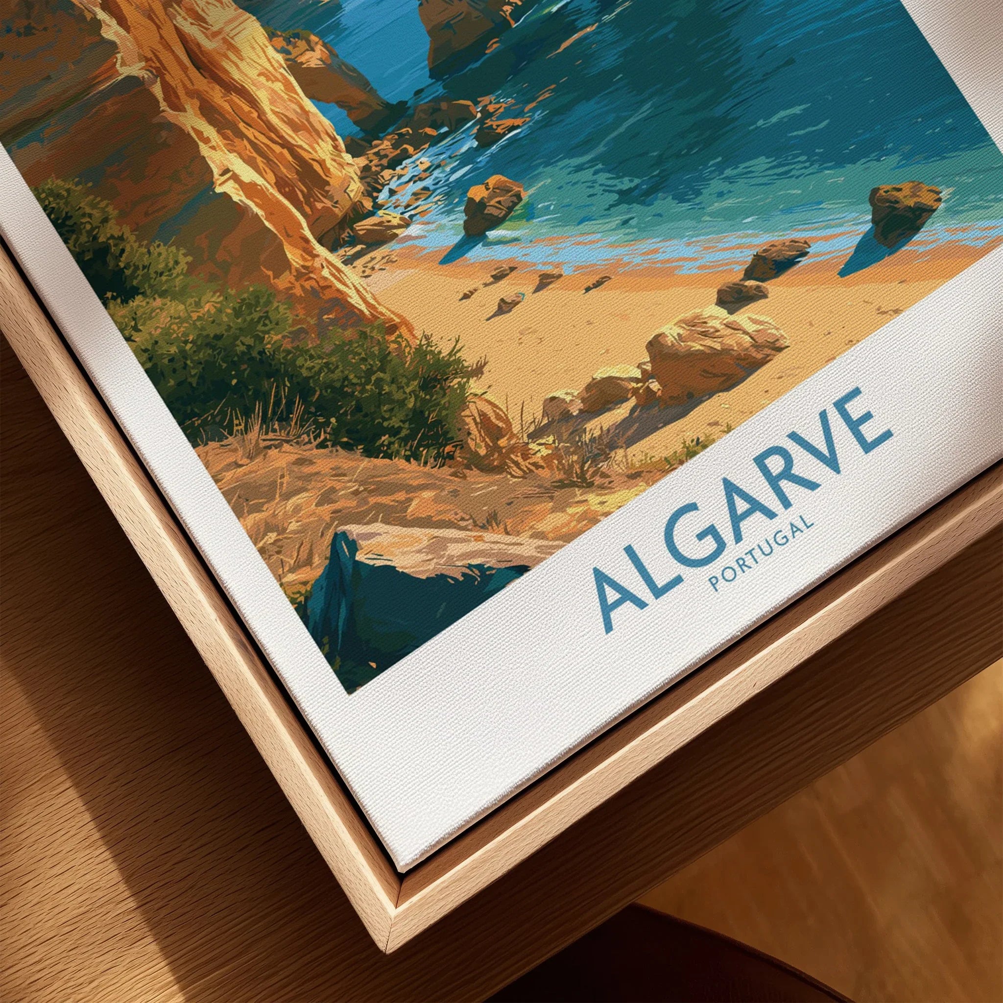 Algarve Portugal Beach Wall Art — closeup framed canvas natural wood floating frame