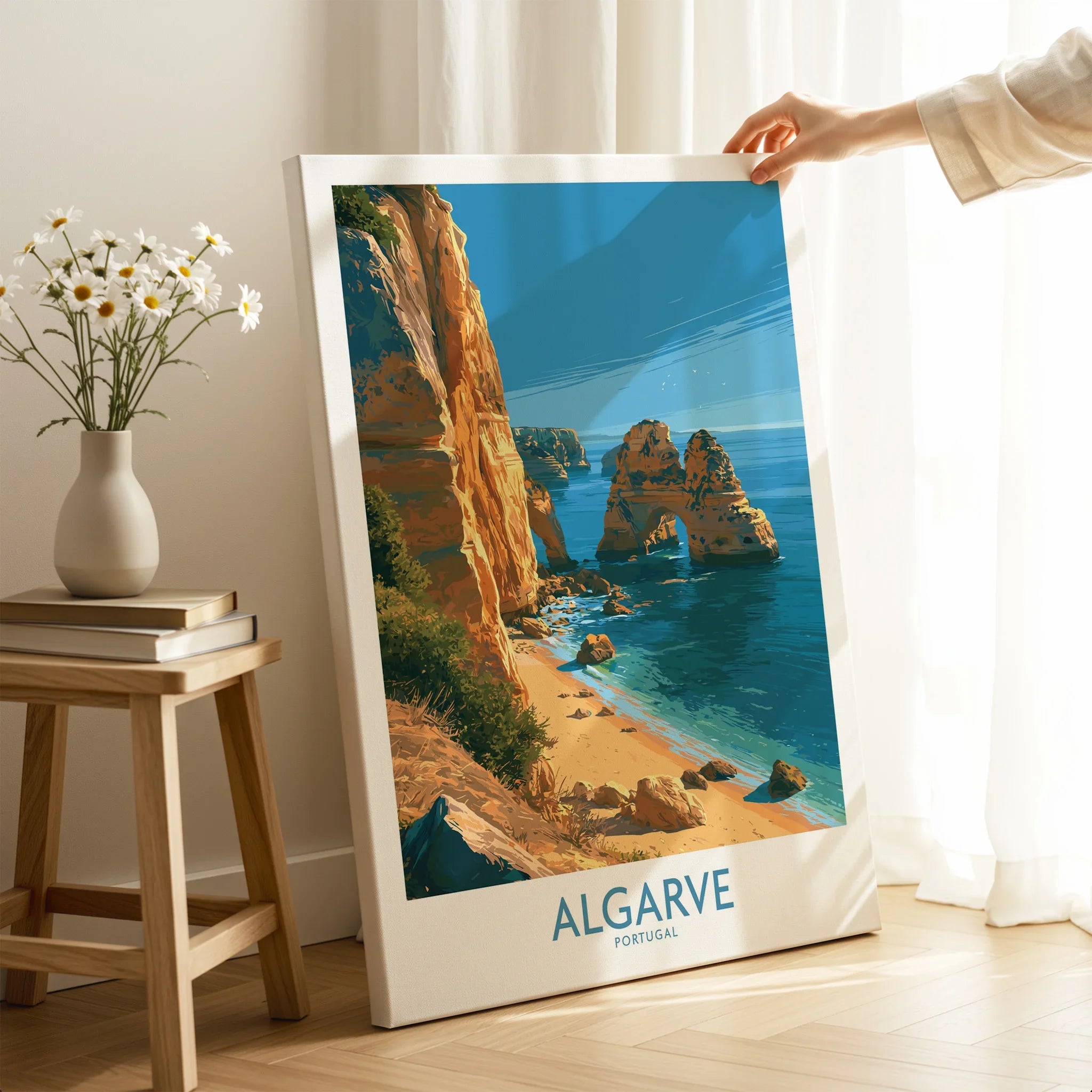 Algarve Portugal Beach Wall Art — canvas print mirror edge hand holding room setting