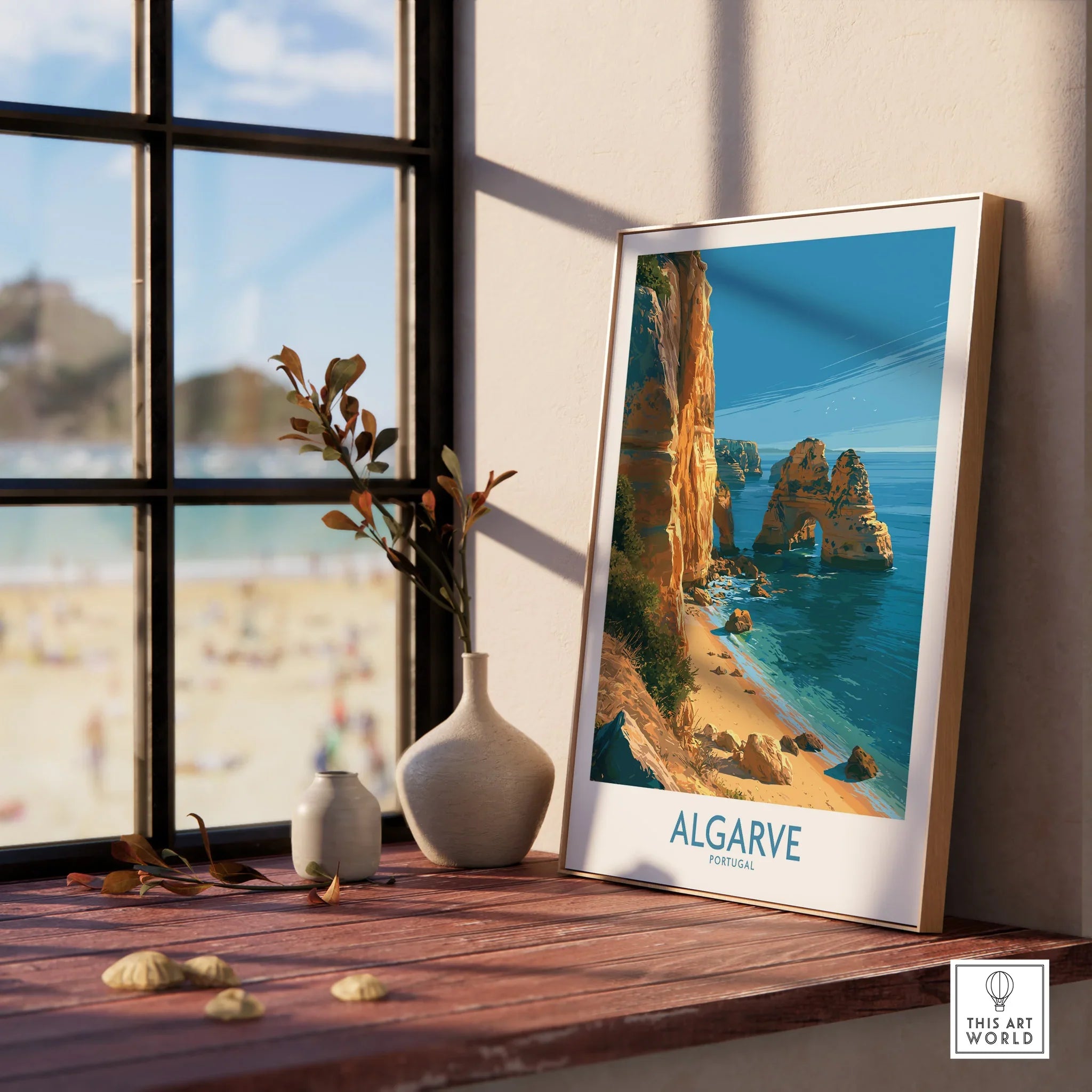 Algarve Portugal Beach Wall Art — framed print window view natural wood frame