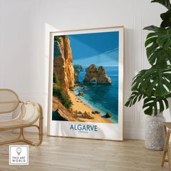 Algarve Portugal Beach Wall Art — large framed print room setting chair plant