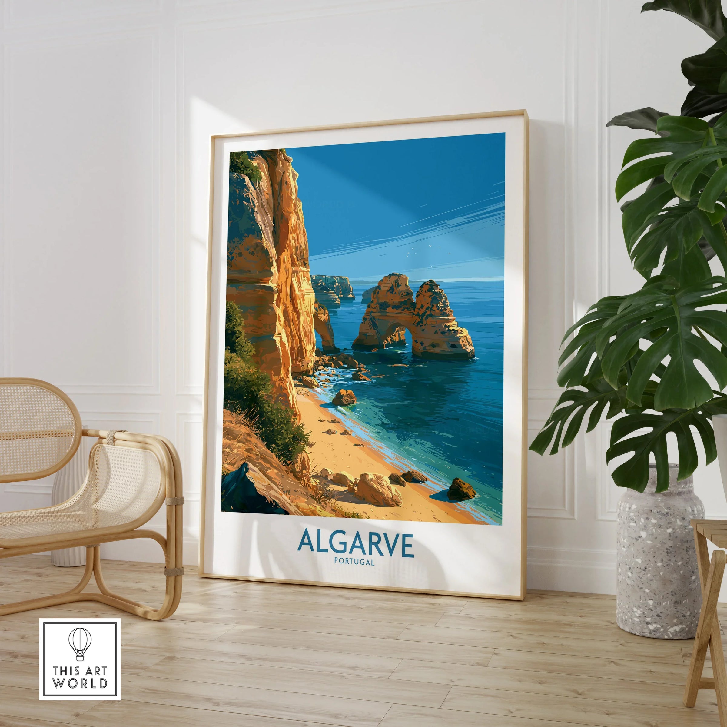 Algarve Portugal Beach Wall Art — large framed print room setting chair plant