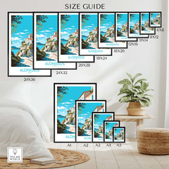 Size guide for Alonissos Greece wall art prints featuring various dimensions and designs in a modern decor setting.