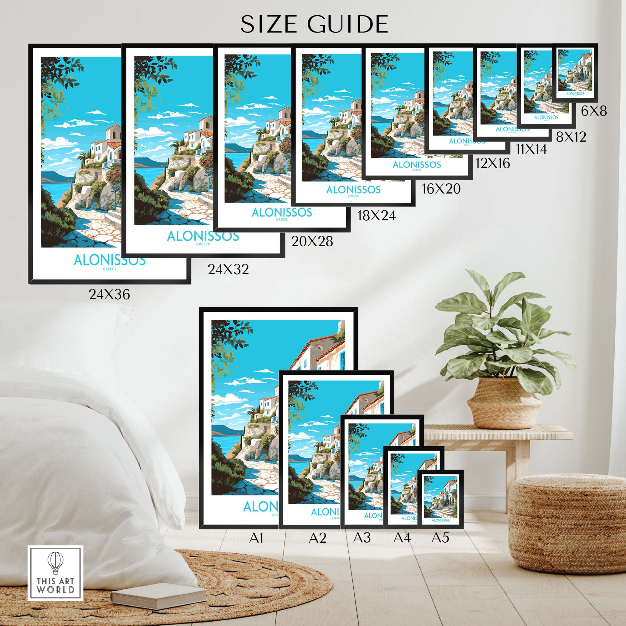 Size guide for Alonissos Greece wall art prints featuring various dimensions and designs in a modern decor setting.
