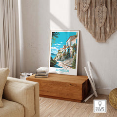 Alonissos Greece wall art poster print in modern decor, showcasing vibrant landscapes and a serene atmosphere.