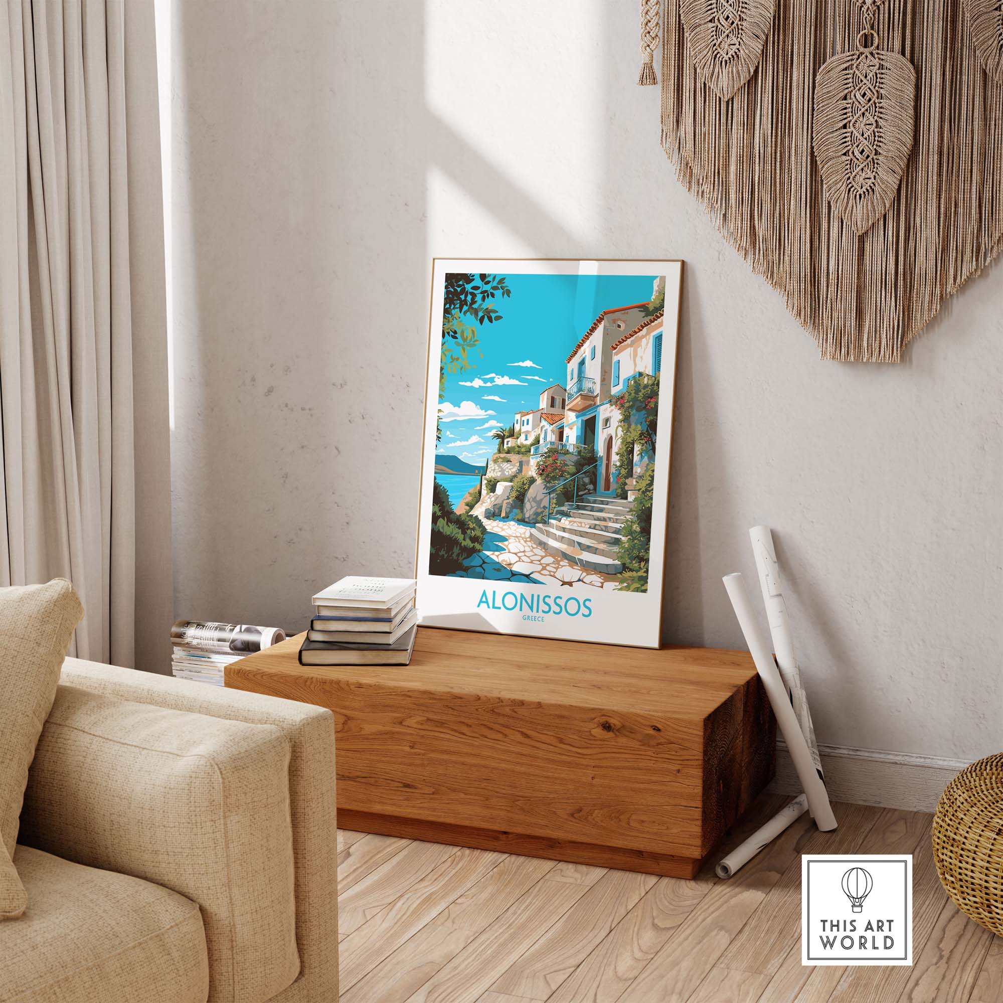 Alonissos Greece wall art poster print in modern decor, showcasing vibrant landscapes and a serene atmosphere.