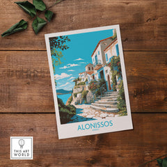 Alonissos Greece wall art print featuring charming houses and serene landscapes, perfect for modern home decor.