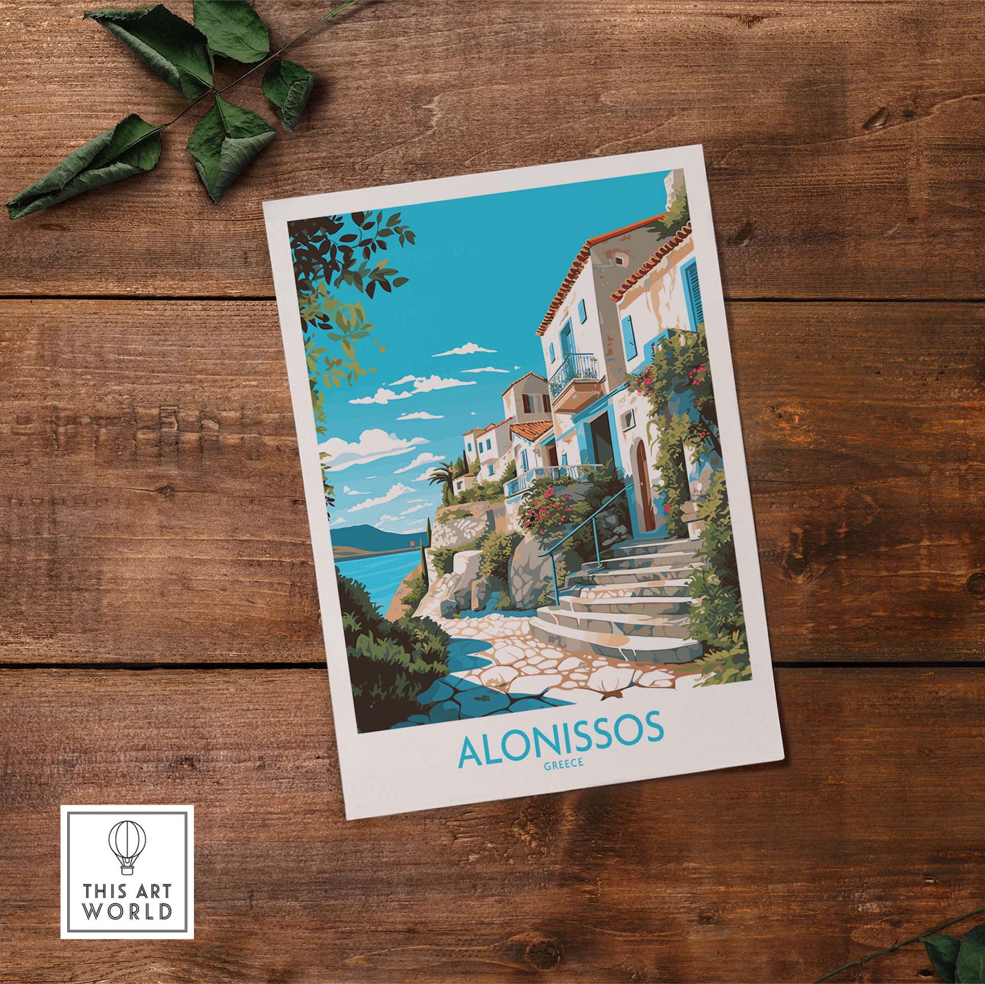 Alonissos Greece wall art print featuring charming houses and serene landscapes, perfect for modern home decor.