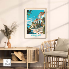Alonissos Greece wall art print displayed in a modern living room, featuring vibrant colors and stunning landscapes.