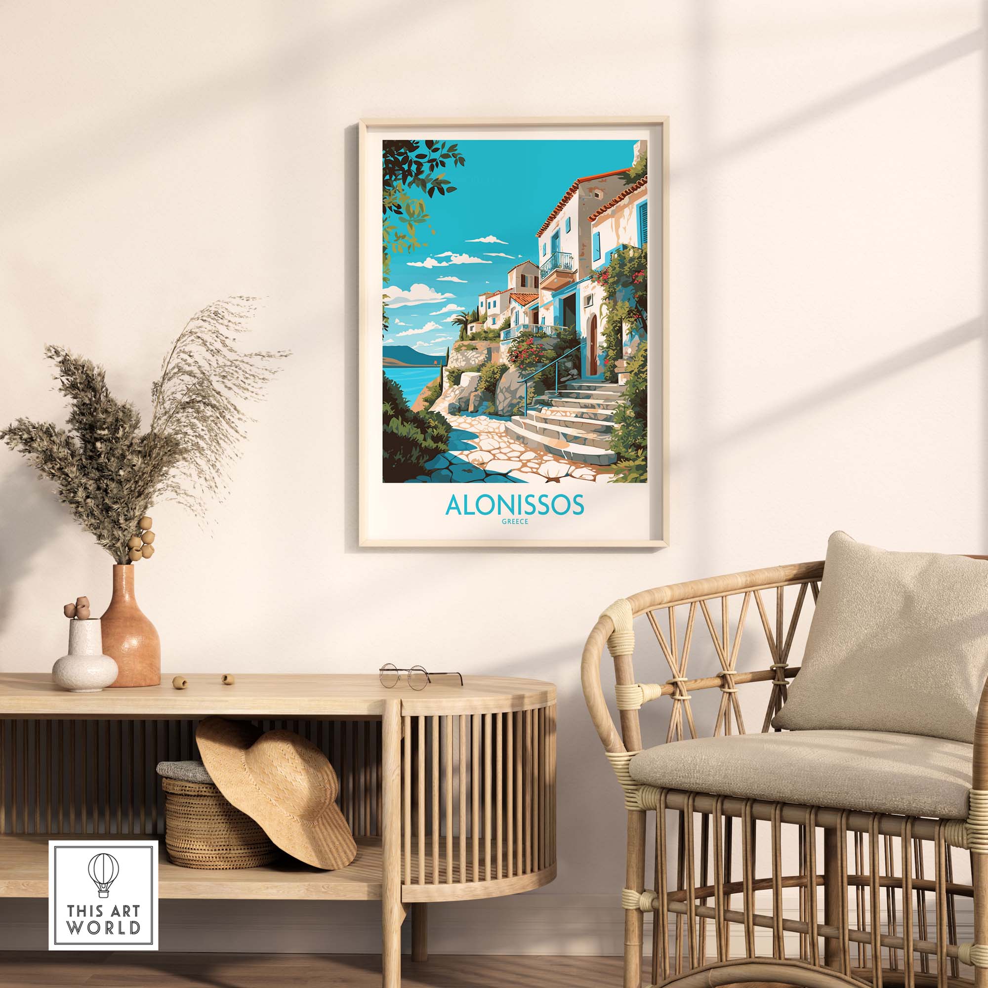 Alonissos Greece wall art print displayed in a modern living room, featuring vibrant colors and stunning landscapes.