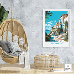 Alonissos Greece wall art in modern decor, featuring vibrant landscapes and serene atmosphere.