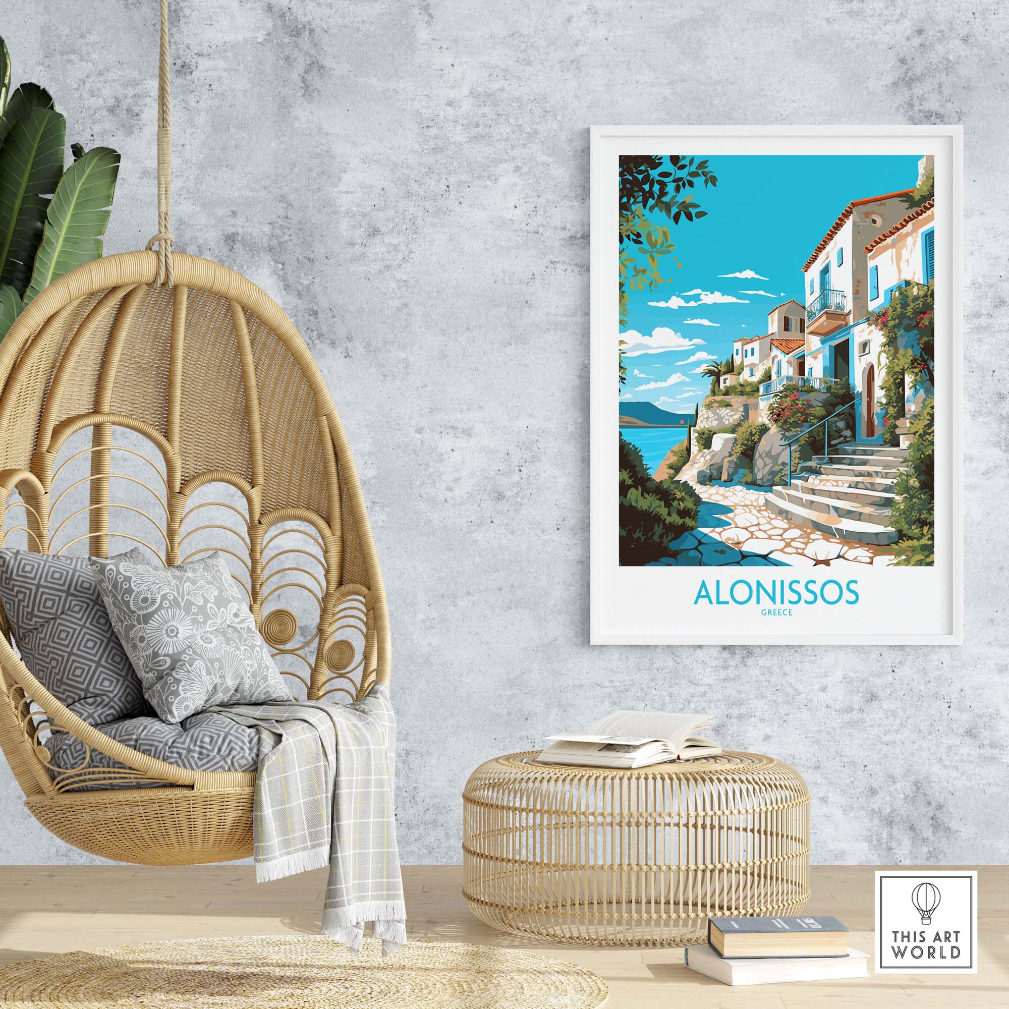Alonissos Greece wall art in modern decor, featuring vibrant landscapes and serene atmosphere.