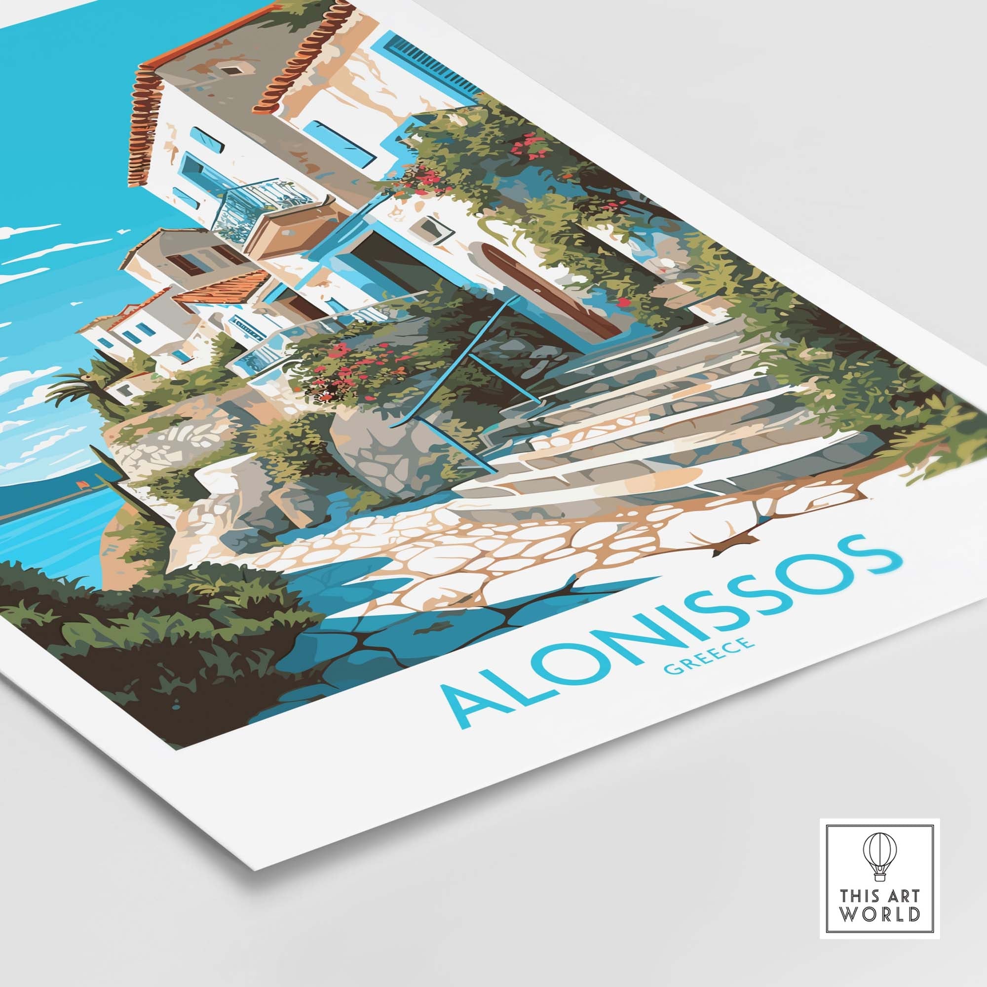 Alonissos Greece wall art print featuring coastal homes and vibrant landscapes in a modern style.