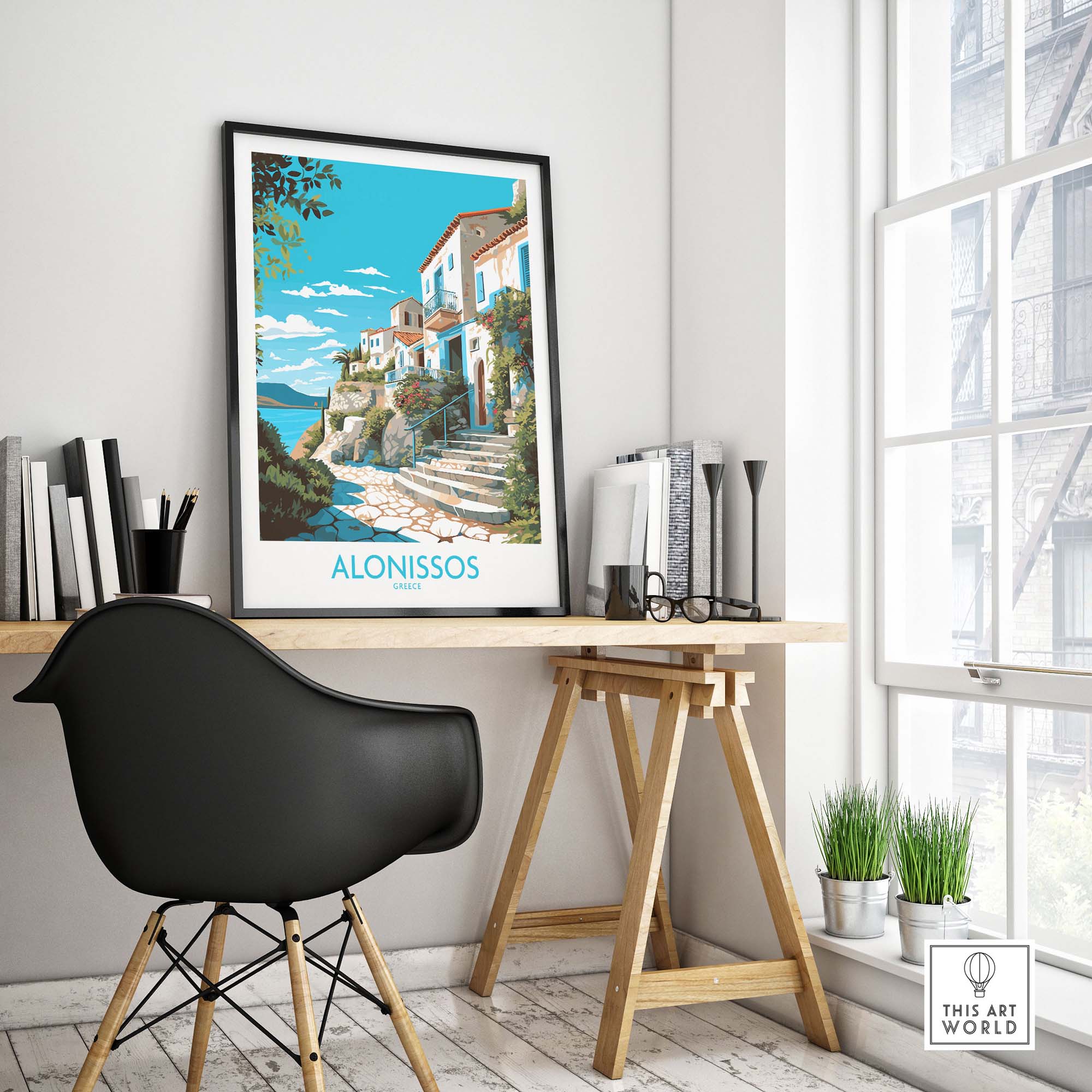 Modern Alonissos Greece wall art print showcased in a stylish home office setting.