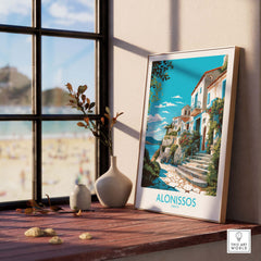 Alonissos Greece wall art in a modern frame, showcasing vibrant coastal landscapes and serene Mediterranean views.