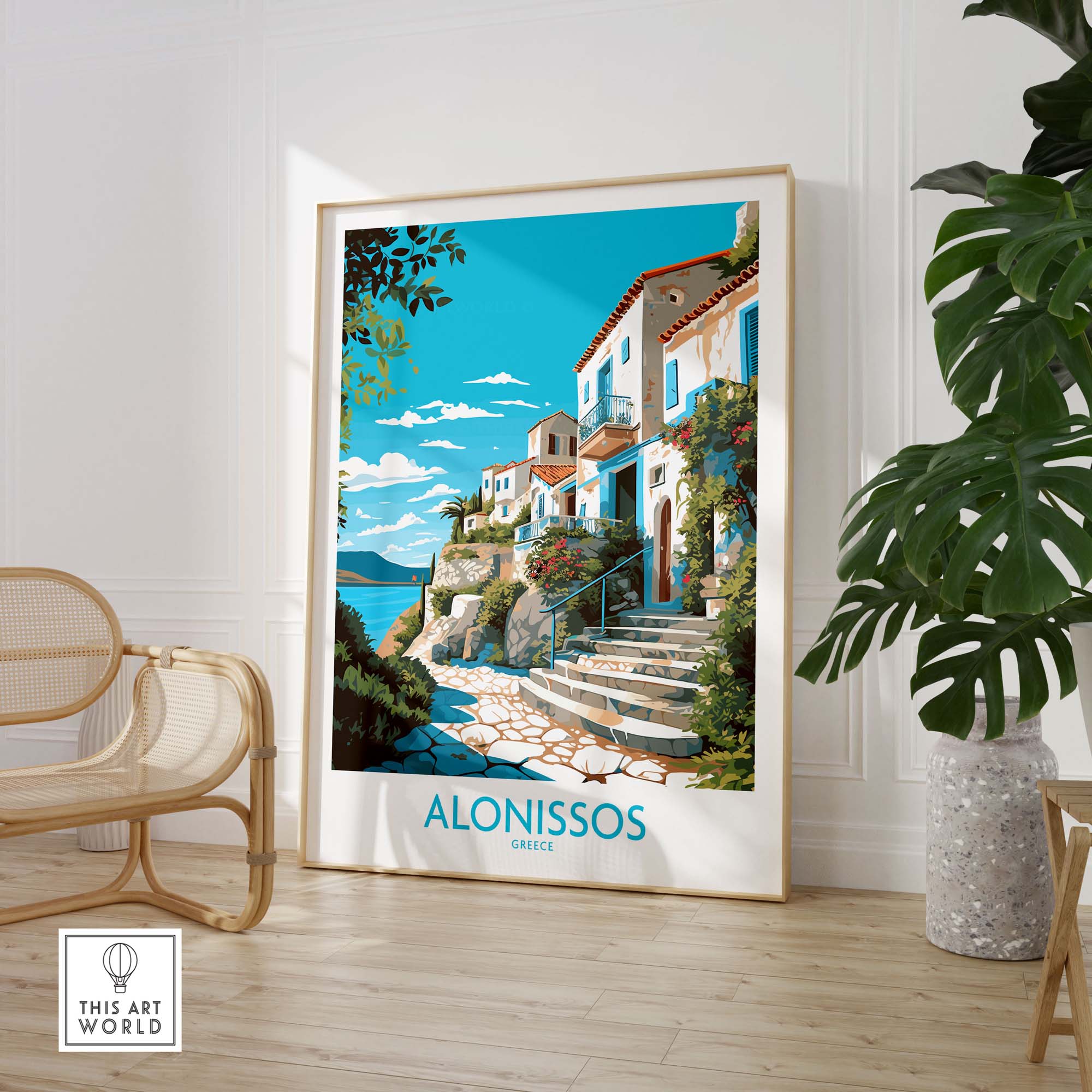 Vibrant Alonissos Greece wall art in modern style showcasing stunning landscapes and coastal architecture.