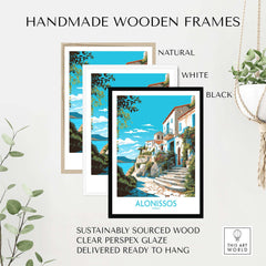 Handmade wooden frames in natural, white, and black styles for Alonissos Greece wall art, sustainably sourced wood.