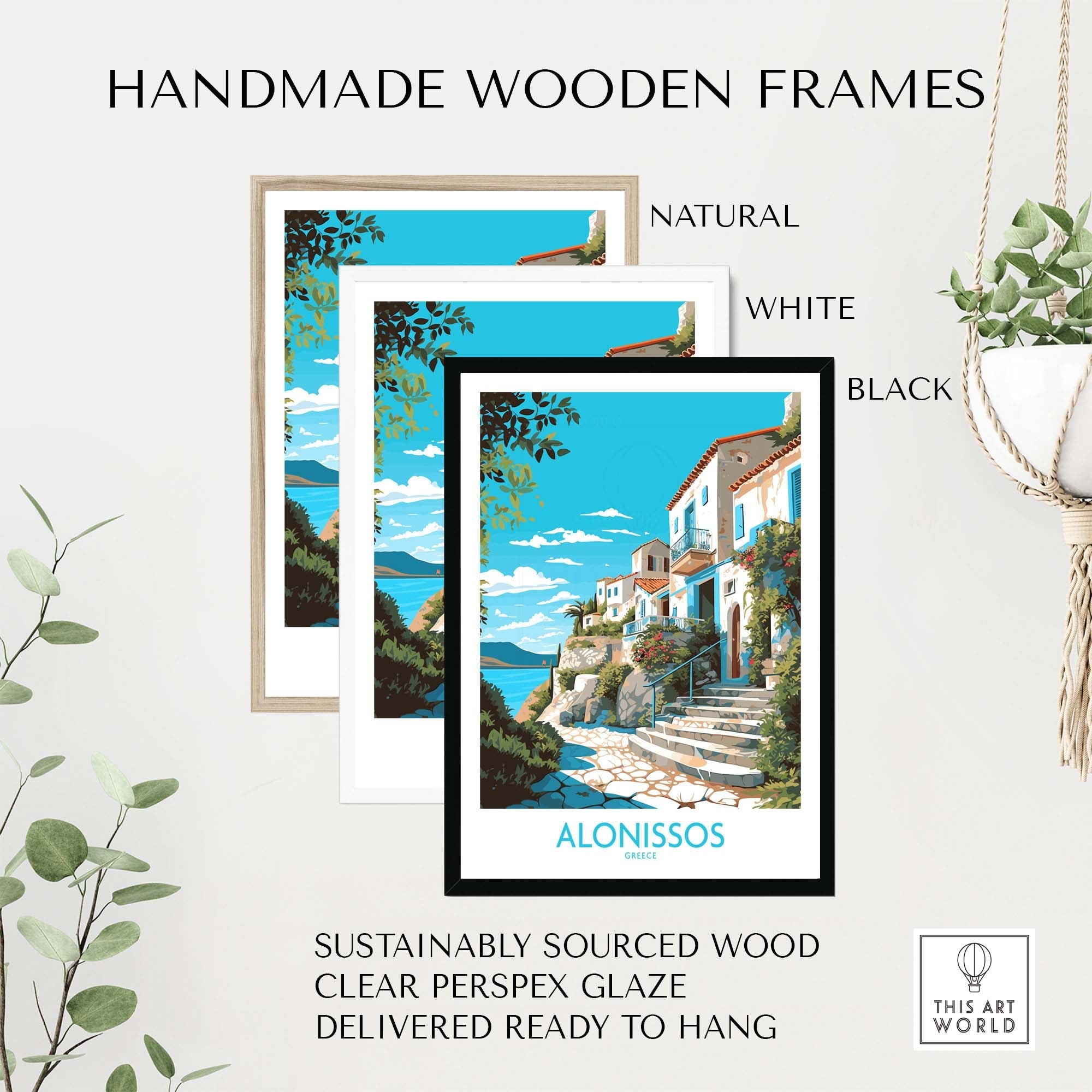 Handmade wooden frames in natural, white, and black styles for Alonissos Greece wall art, sustainably sourced wood.