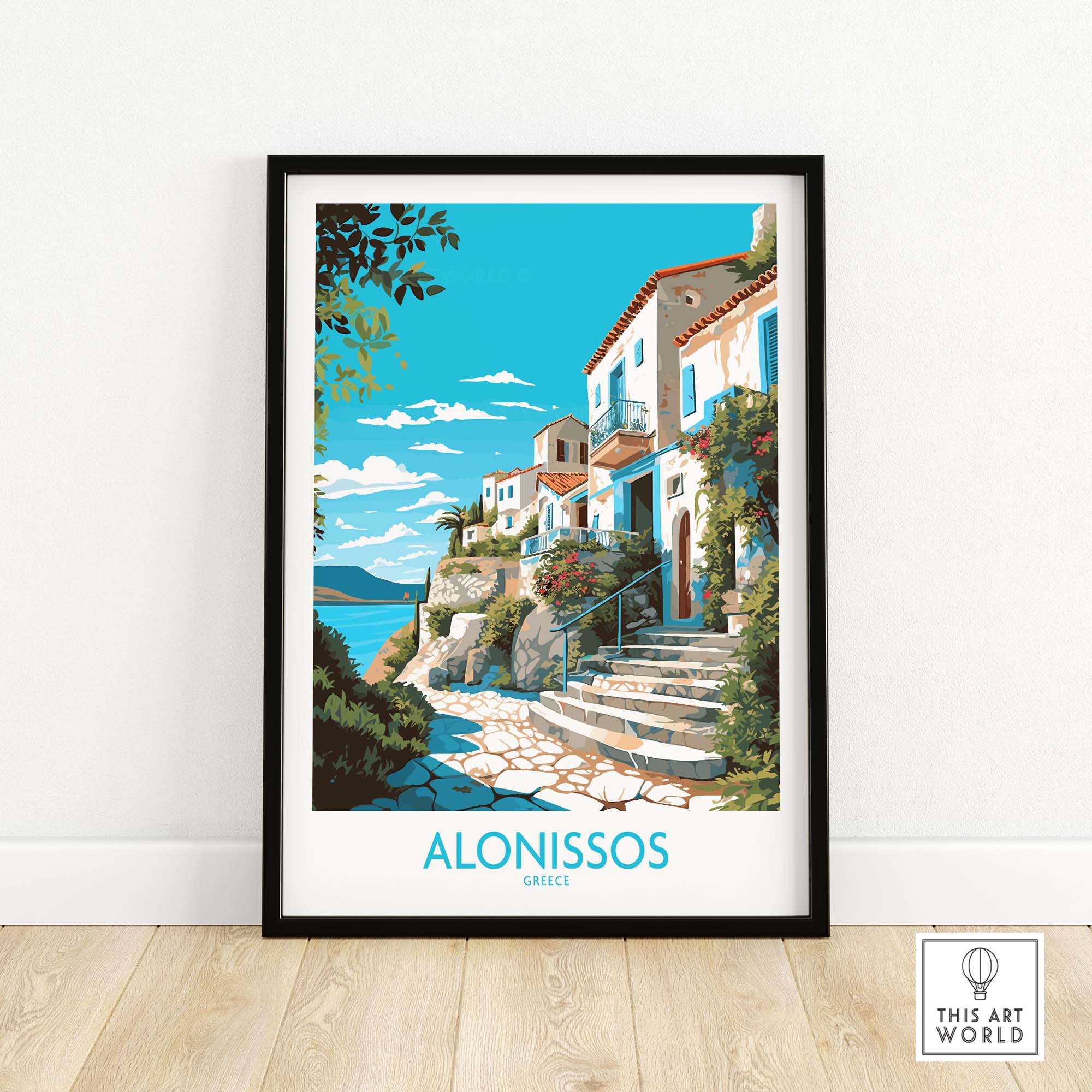 Alonissos Greece wall art featuring a vibrant travel poster of scenic coastal houses.