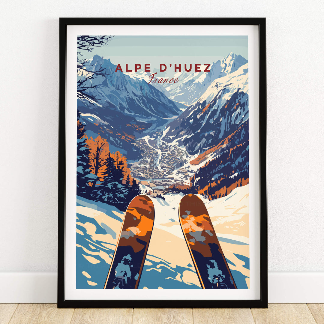 Alpe d'Huez Ski Print showcasing stunning ski resort views in the French Alps, perfect for ski enthusiasts.