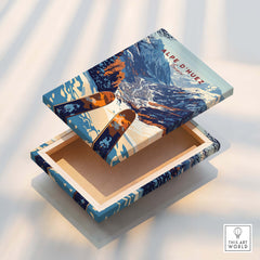 Alpe d'Huez Ski Print on a decorative box featuring vibrant mountain artwork.