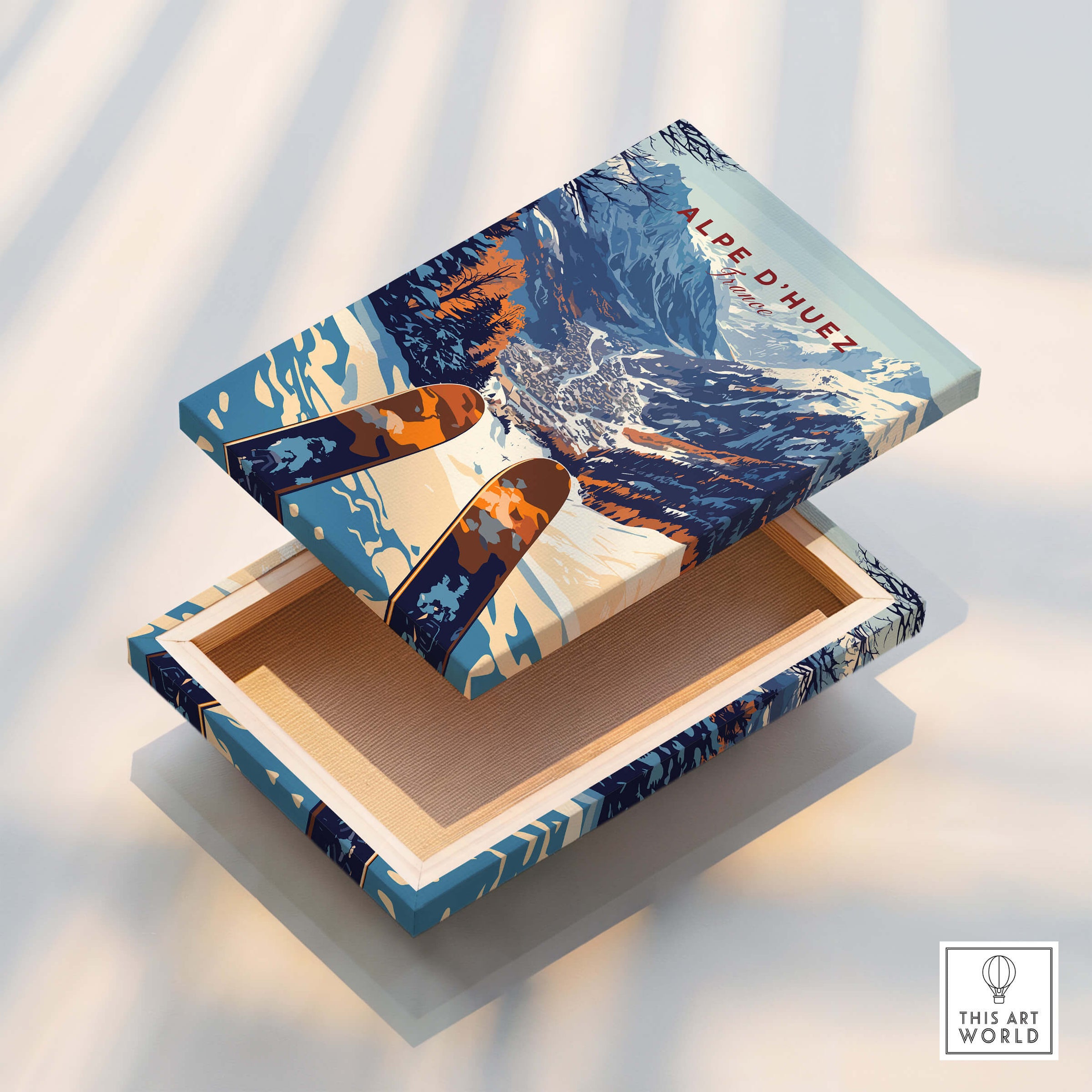 Alpe d'Huez Ski Print on a decorative box featuring vibrant mountain artwork.