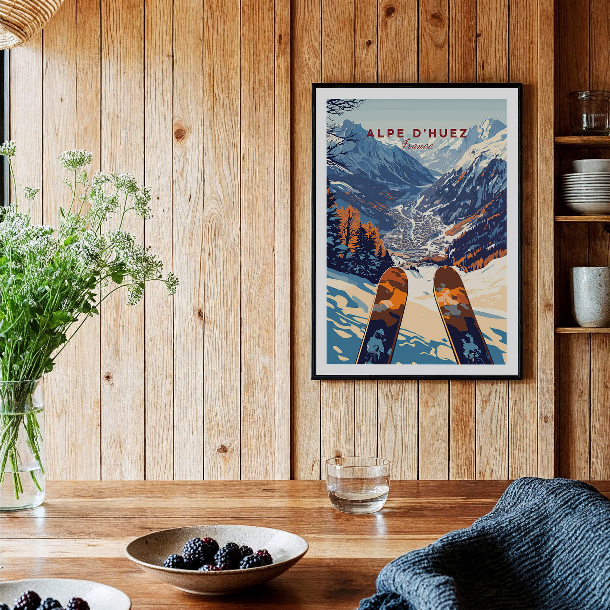 Alpe d'Huez Ski Print showcased in a cozy interior with wooden decor and a stylish ambiance.