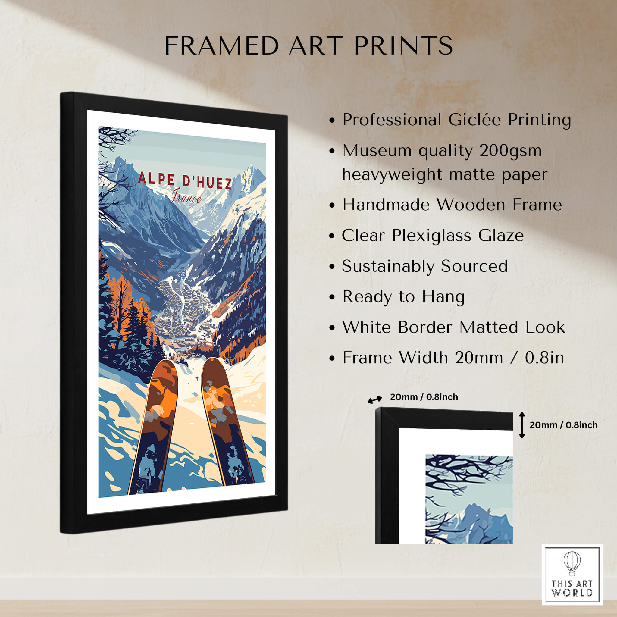 Alpe d'Huez Ski Print framed art showcasing the French Alps with vibrant colors and a beautiful ski landscape.