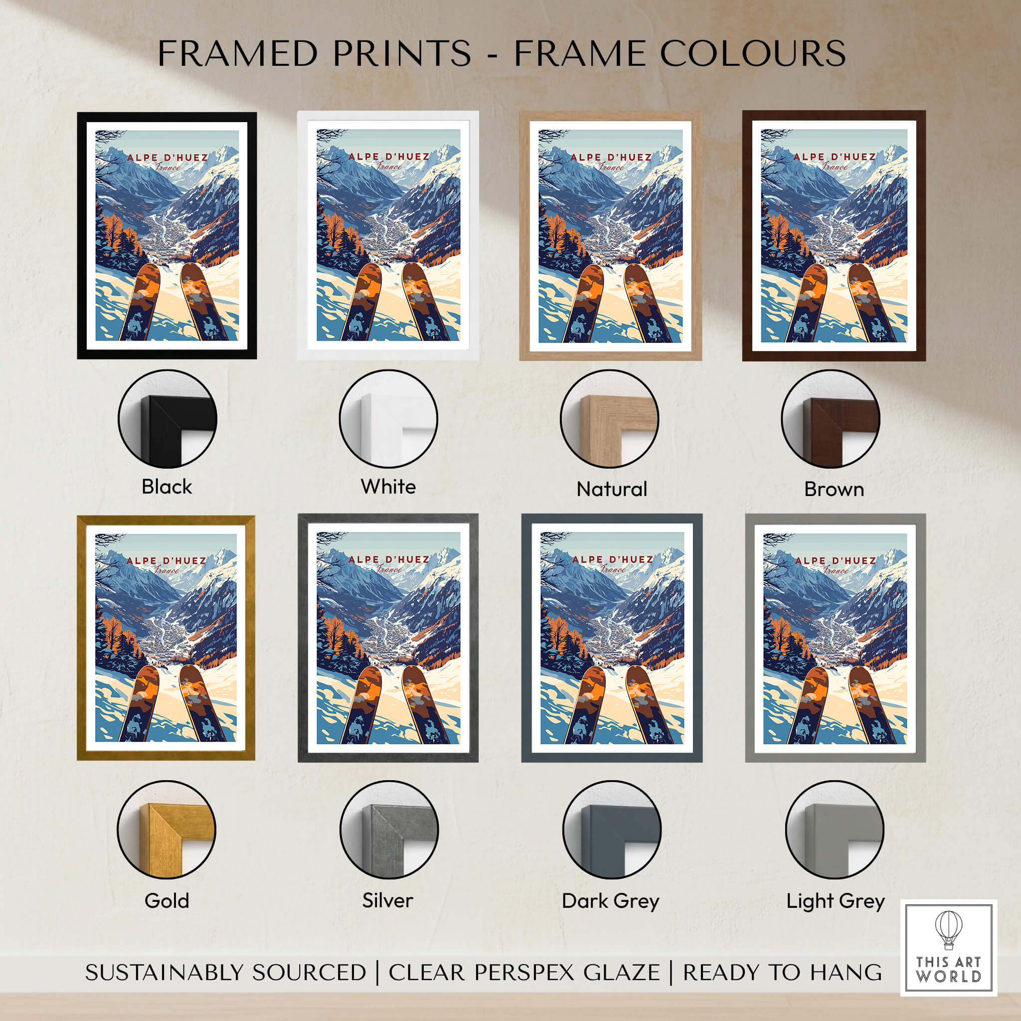 Alpe d'Huez Ski Print framed in various colors including black, white, natural, brown, gold, silver, dark grey, and light grey.