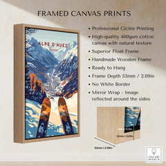 Framed Alpe d'Huez Ski Print showcasing a stunning mountain view and skiing theme, perfect for home decor.