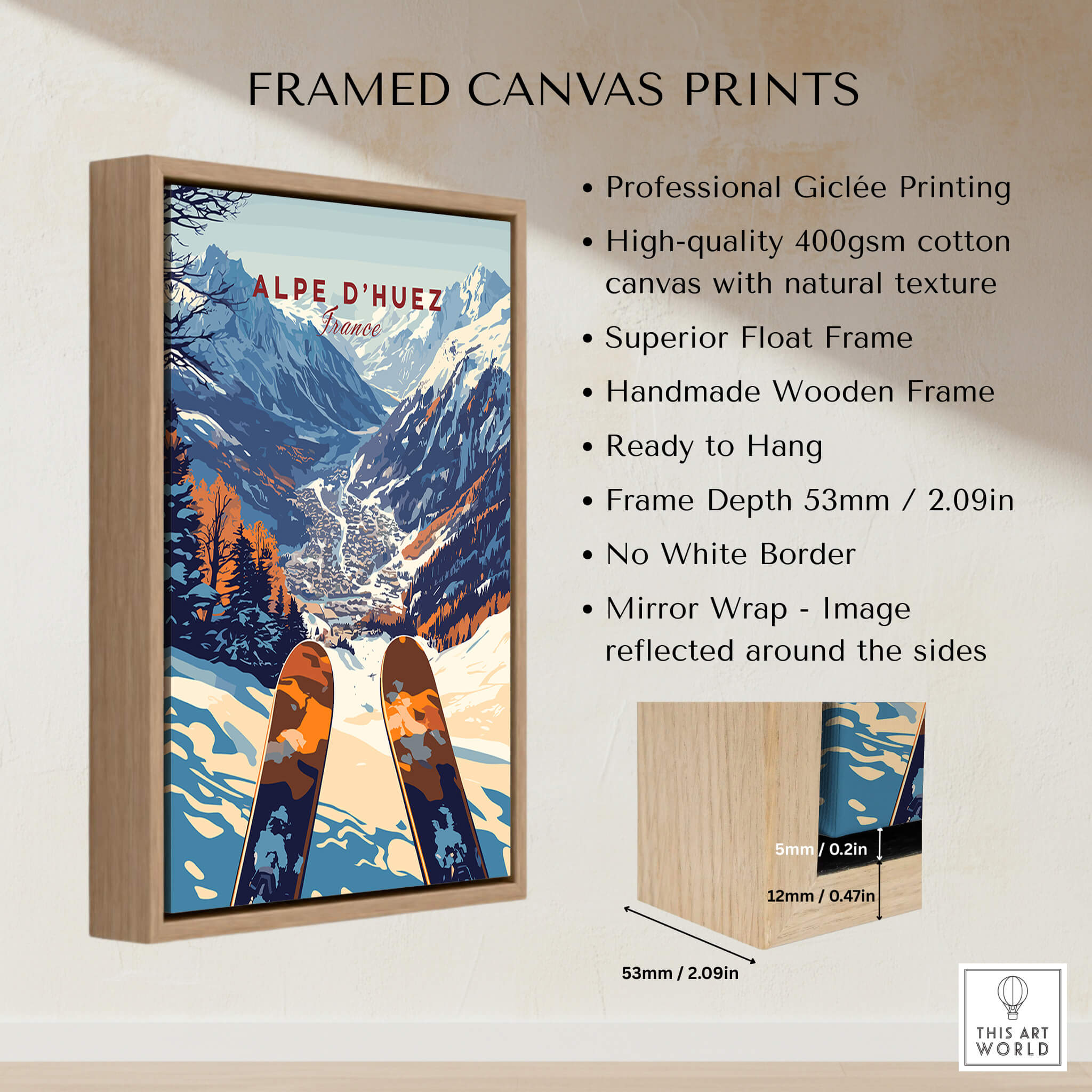 Framed Alpe d'Huez Ski Print showcasing a stunning mountain view and skiing theme, perfect for home decor.