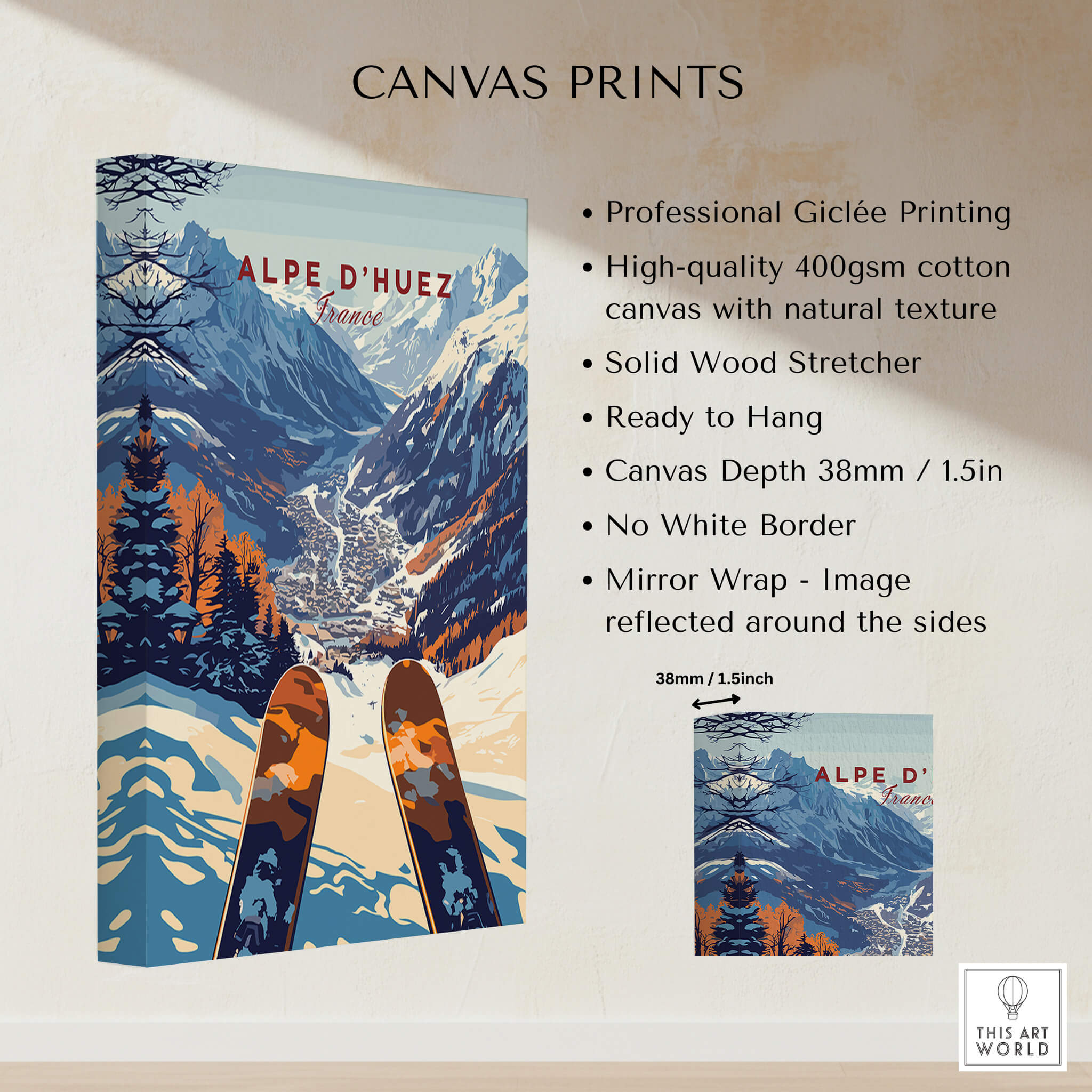 Alpe d'Huez Ski Print showcasing professional giclée printing and beautiful mountain scenery for ski enthusiasts.