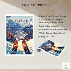 Alpe d'Huez Ski Print featuring a stunning mountain landscape and ski equipment, perfect for ski enthusiasts.
