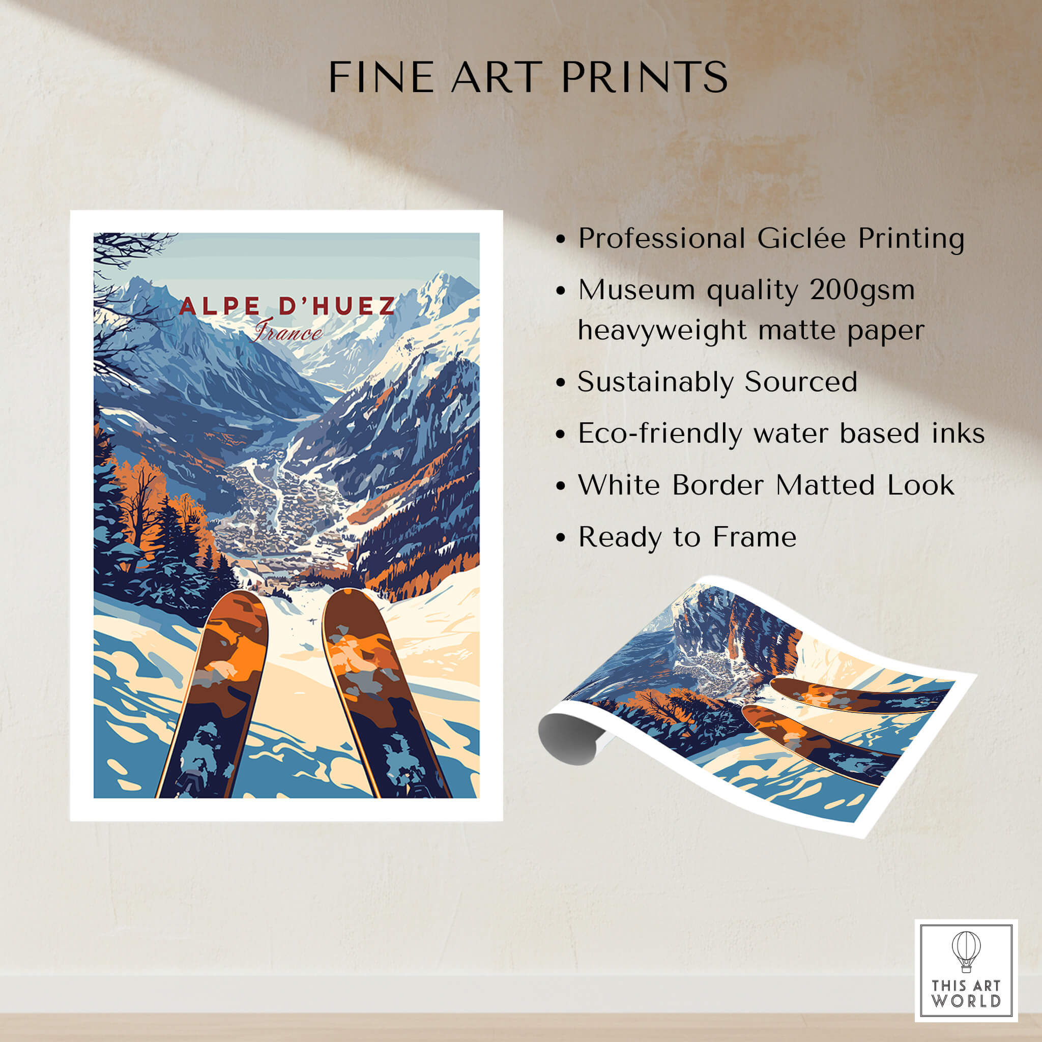 Alpe d'Huez Ski Print featuring a stunning mountain landscape and ski equipment, perfect for ski enthusiasts.