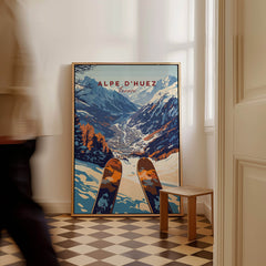 Alpe d'Huez Ski Print featuring stunning French Alps scenery and ski gear, perfect for ski enthusiasts and home decor.