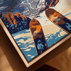 Alpe d'Huez Ski Print showcasing colorful skis against a snowy landscape, perfect for ski enthusiasts.