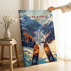 Alpe d'Huez Ski Print featuring a stunning view of the ski resort in the French Alps, perfect for decor and ski enthusiasts.