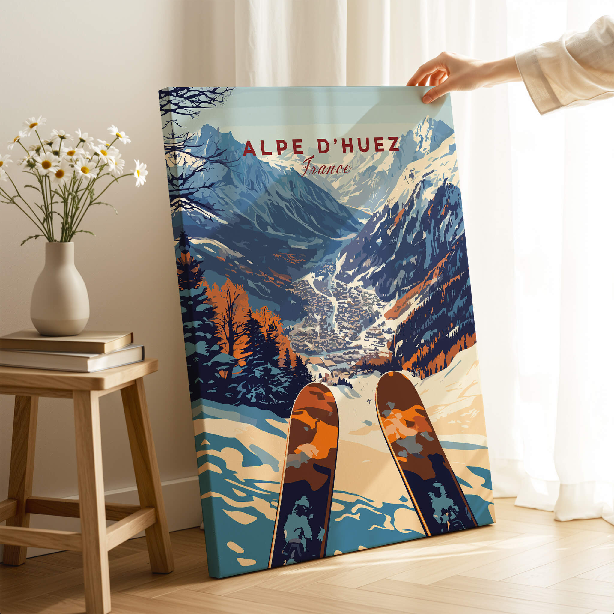 Alpe d'Huez Ski Print featuring a stunning view of the ski resort in the French Alps, perfect for decor and ski enthusiasts.