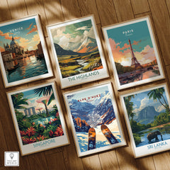 Collection of travel prints including Alpe d'Huez Ski Print, showcasing beautiful landscapes from various destinations.