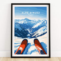 Alpe d'Huez Wall Art showcasing a scenic mountain landscape with skis in the foreground.