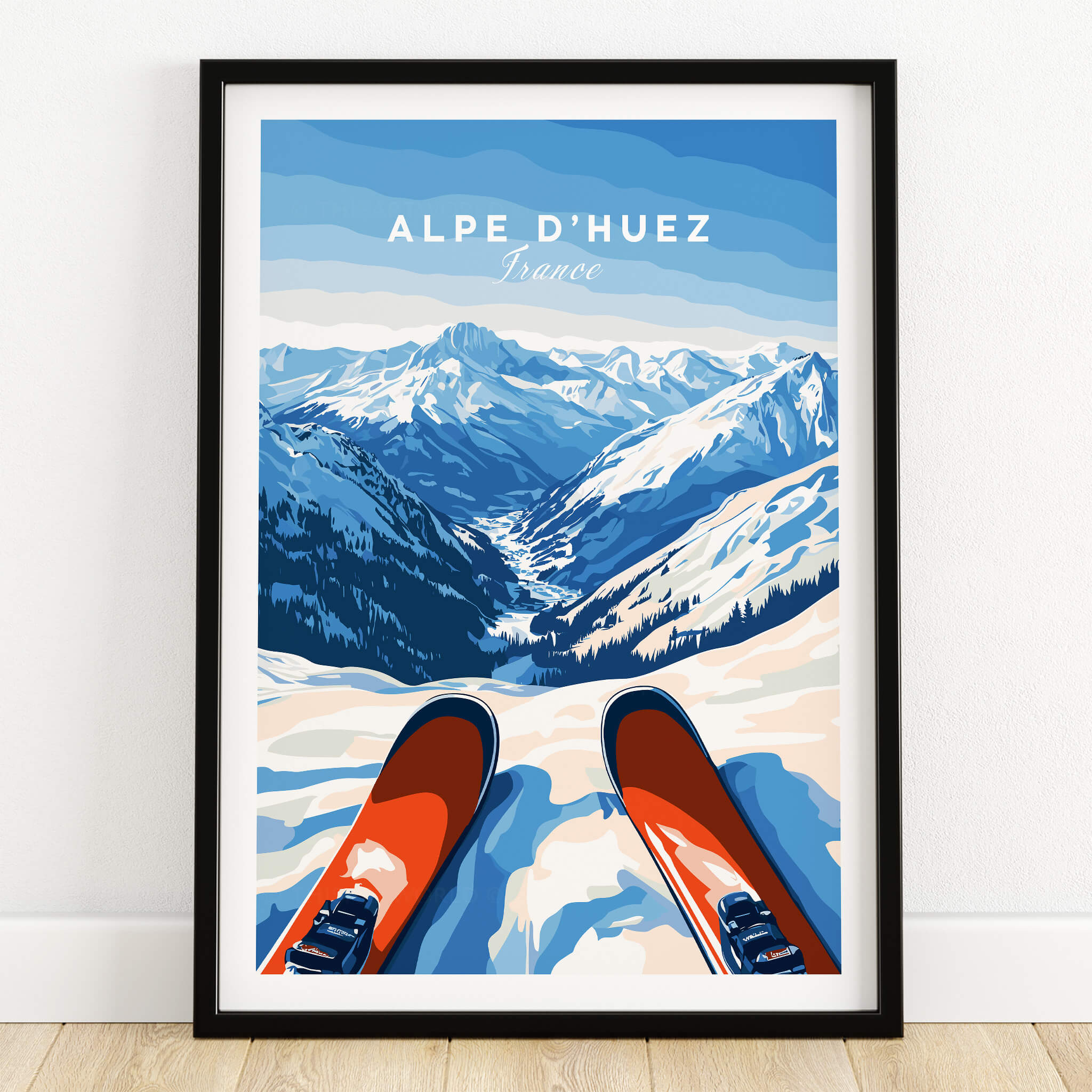 Alpe d'Huez Wall Art showcasing a scenic mountain landscape with skis in the foreground.