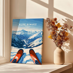 Alpe d'Huez Wall Art featuring a scenic mountain landscape and skis in front of a window.