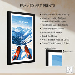 Alpe d'Huez Wall Art in a framed print with snowy mountain scenery and ski equipment, perfect for home décor.