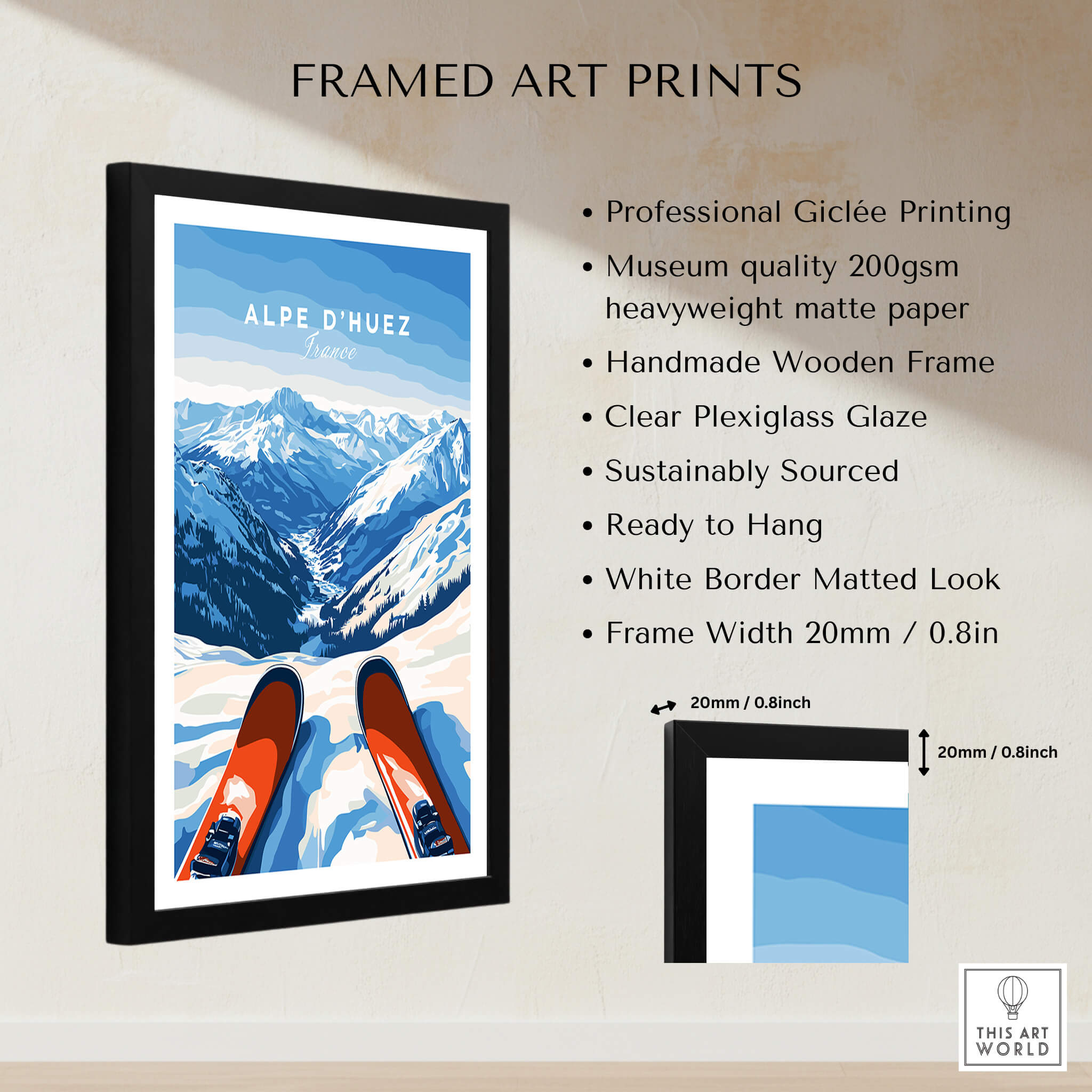 Alpe d'Huez Wall Art in a framed print with snowy mountain scenery and ski equipment, perfect for home décor.