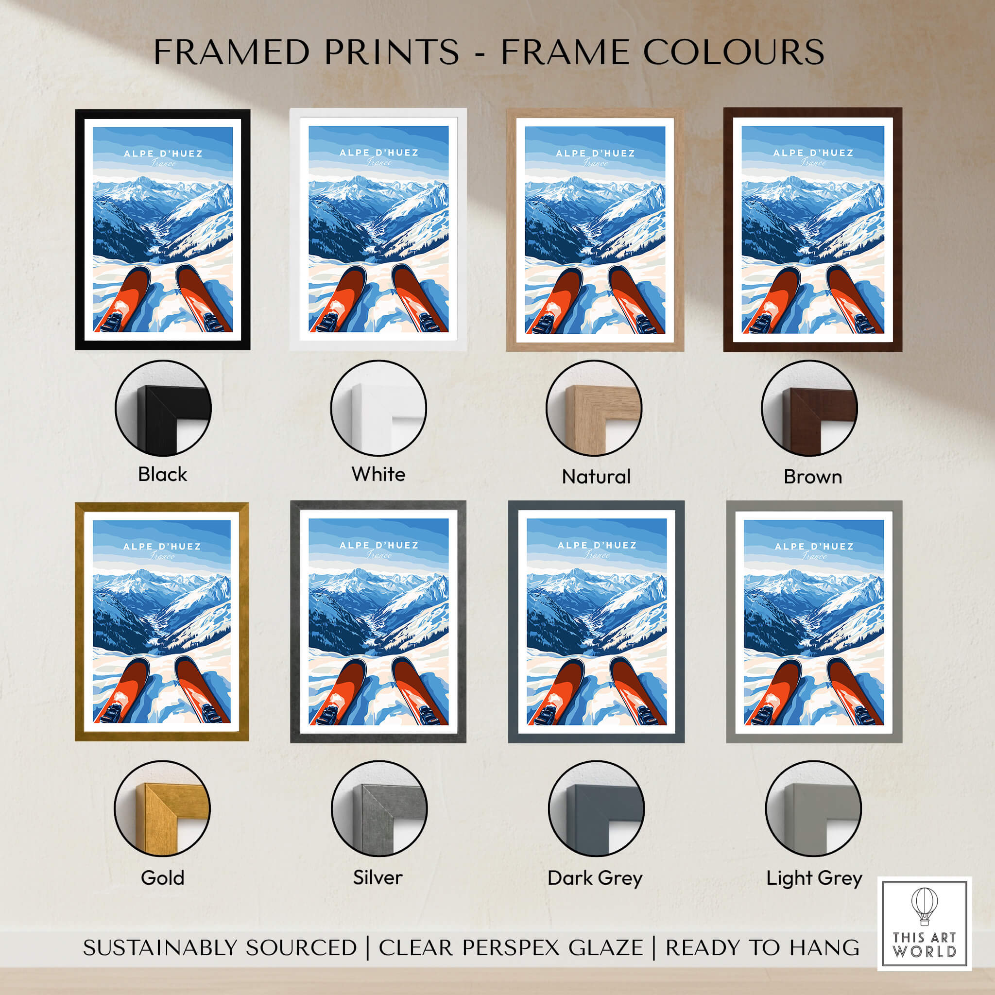 Alpe d'Huez Wall Art framed prints in various frame colors including black, white, natural, brown, gold, silver, dark grey, and light grey.