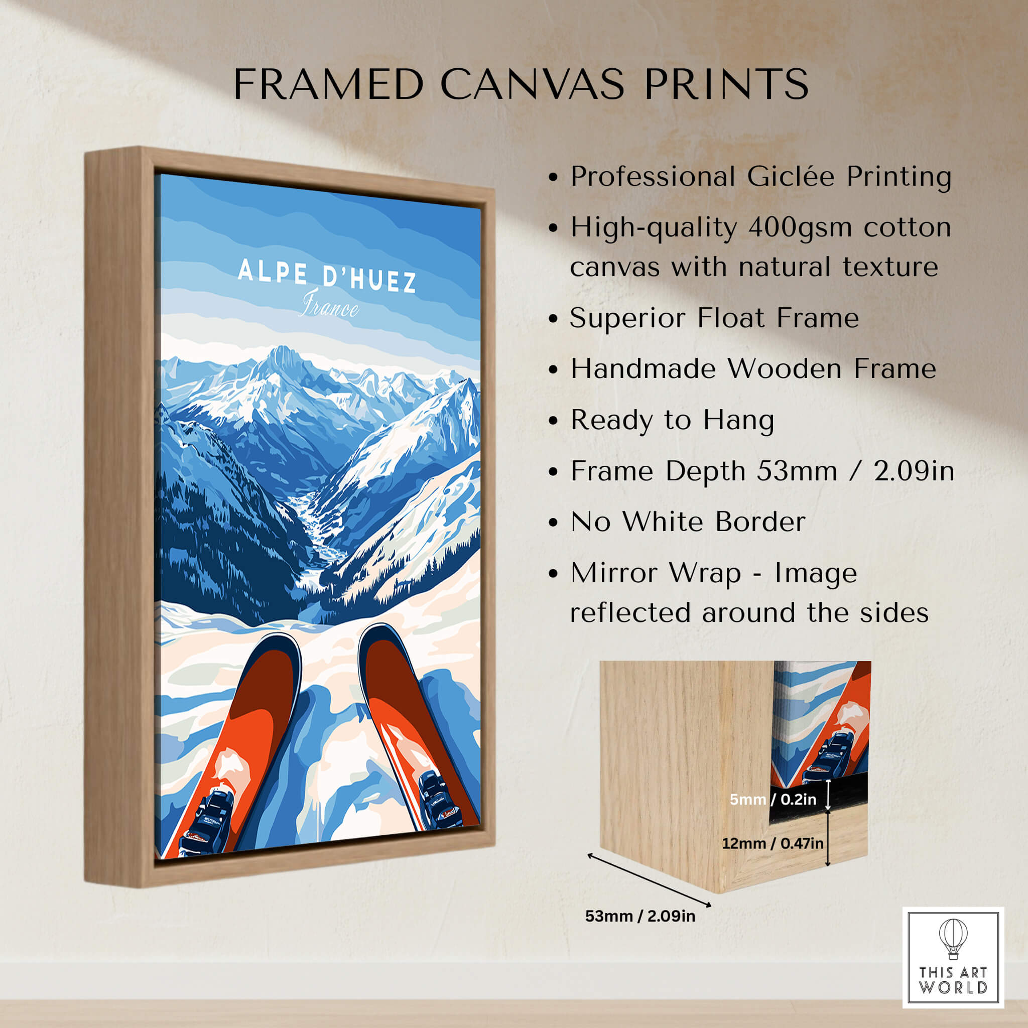Alpe d'Huez Wall Art framed canvas print showcasing a scenic landscape with skis and mountains.