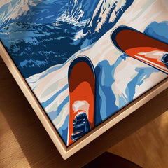 Alpe d'Huez Wall Art showcasing vibrant skiing visuals against a snowy mountain backdrop.