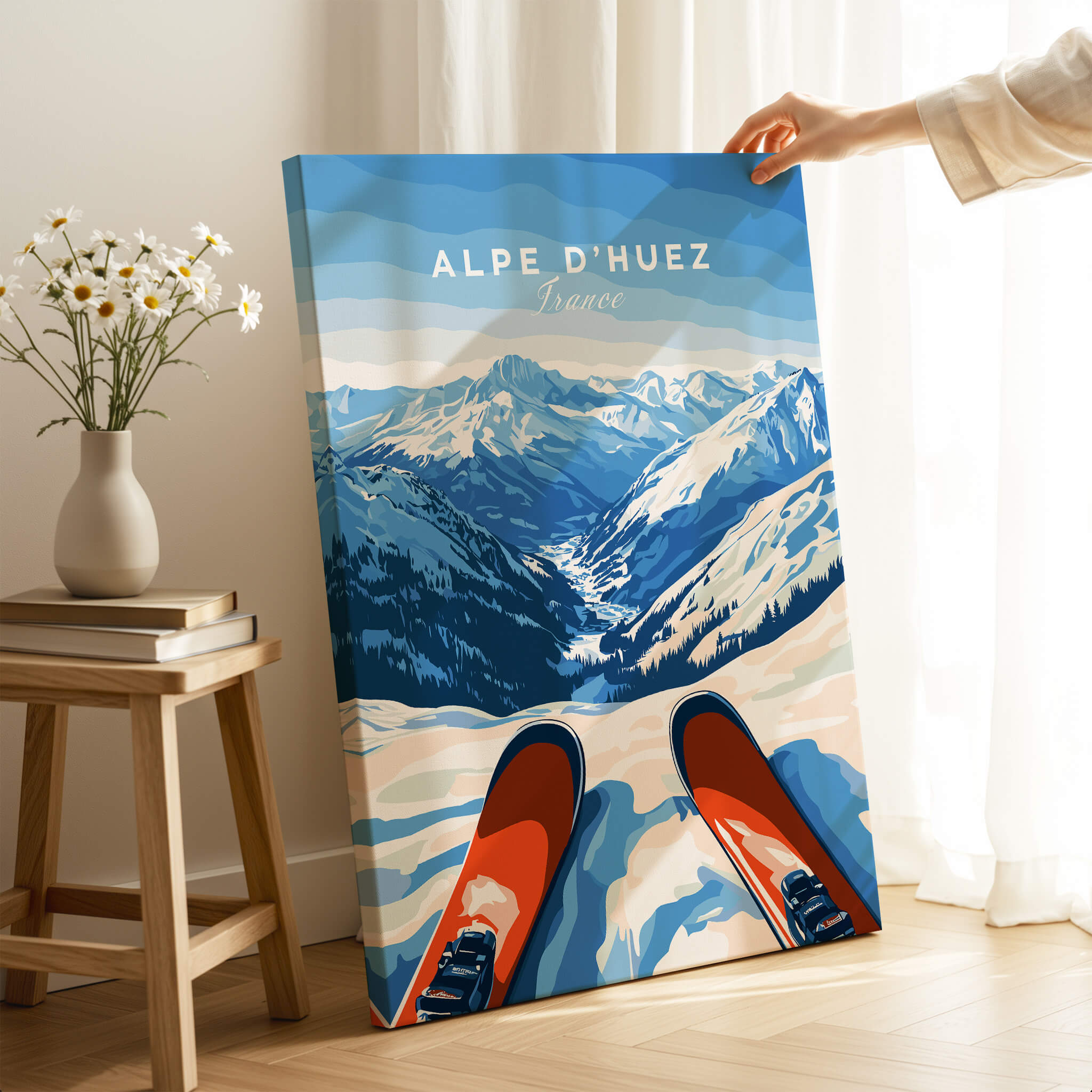 Alpe d'Huez Wall Art showcasing a stunning mountain landscape with snow and ski gear.